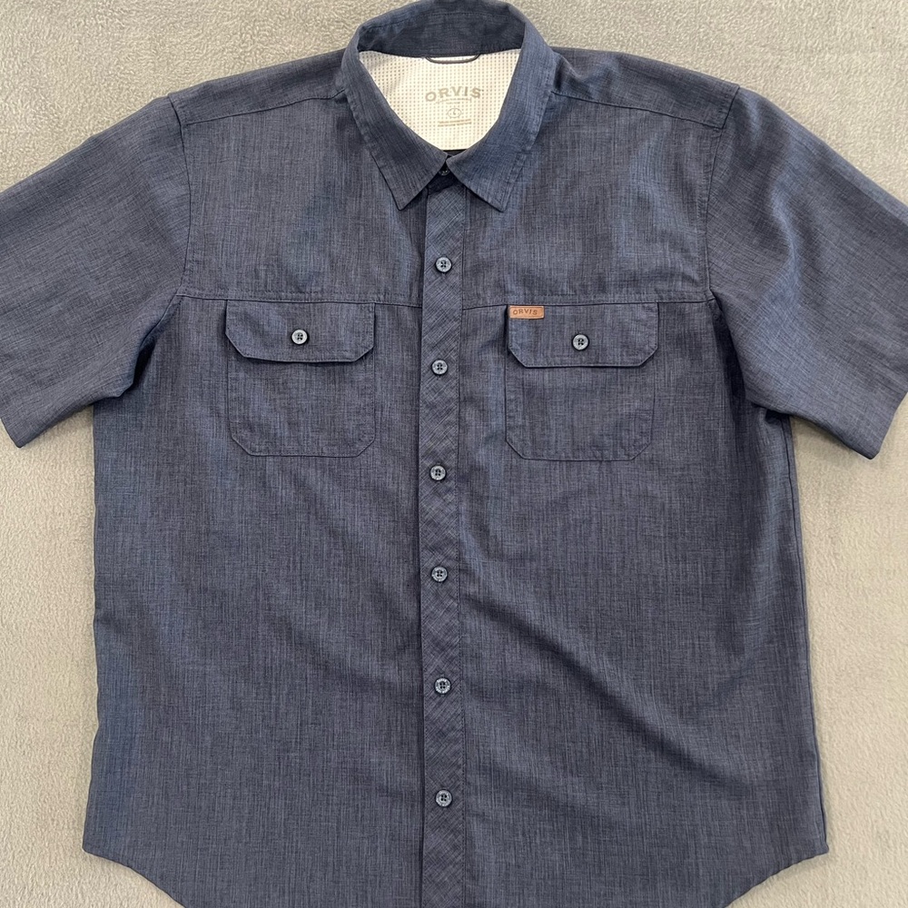 Orvis Mens Button Up Pocket Shirt Short Sleeve Heather Blue Sz L
